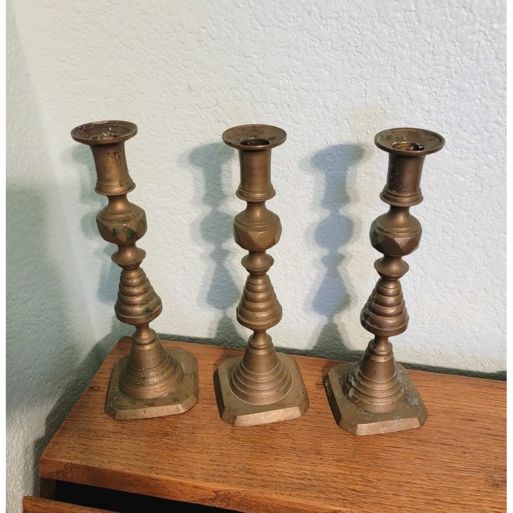 Set 3 Antique‎ Solid Brass Candlestick Holders Diamond  9.45 England ca. 1893